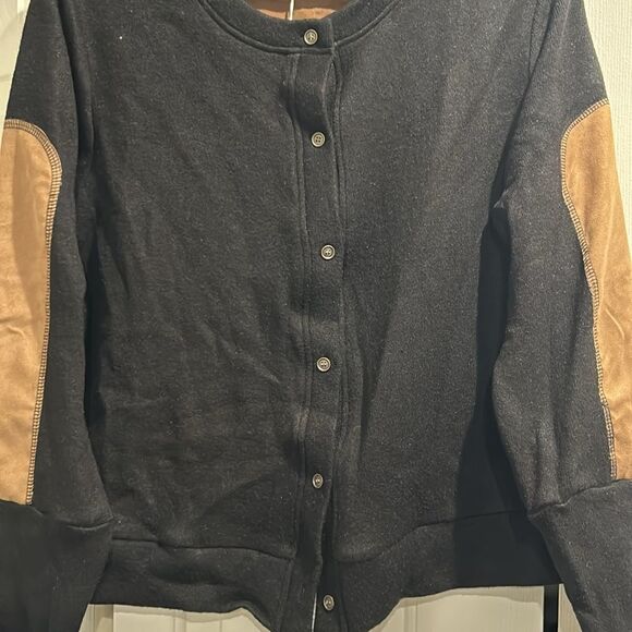 NWT DREW Black Cardigan w/ Tan Foil Suede sleeve patches and Back, Size XL - Picture 4 of 8